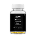 A clear plastic bottle of OriBite Tribulus Capsules 500mg, featuring a black label and a white cap, with yellow capsules visible inside.