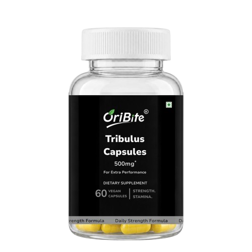 A clear plastic bottle of OriBite Tribulus Capsules 500mg, featuring a black label and a white cap, with yellow capsules visible inside.