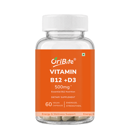 A clear plastic bottle of OriBite Vitamin B12 + D3 dietary supplement with a white cap and a bright orange label, containing 60 vegan capsules.