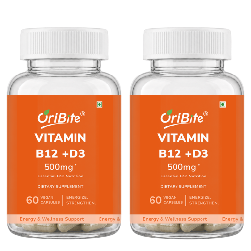 Two clear plastic bottles of OriBite Vitamin B12 + D3 dietary supplement, 500mg, with orange labels and white caps, shown side by side on a white background.