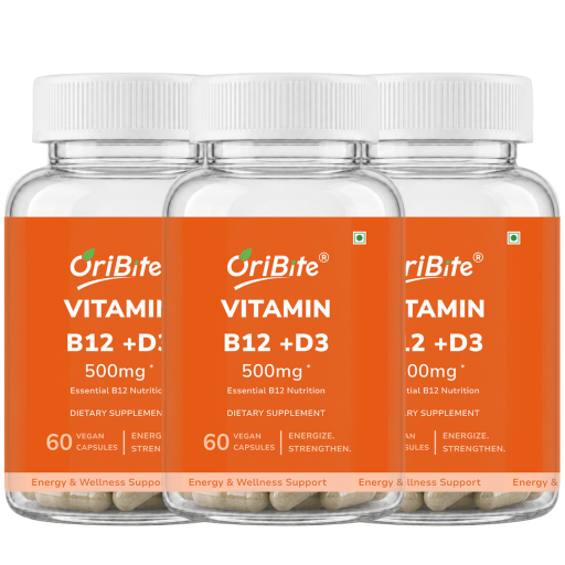 Three clear plastic bottles of OriBite Vitamin B12 + D3 dietary supplements with white caps and bright orange labels, shown against a plain white background.