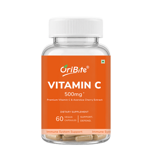A bottle of OriBite Vitamin C 500mg dietary supplement capsules, featuring a bright orange label and a white cap, shown on a plain white background.