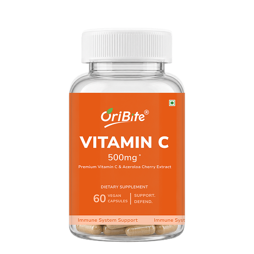 A bottle of OriBite Vitamin C 500mg dietary supplement capsules, featuring a bright orange label and a white cap, shown on a plain white background.