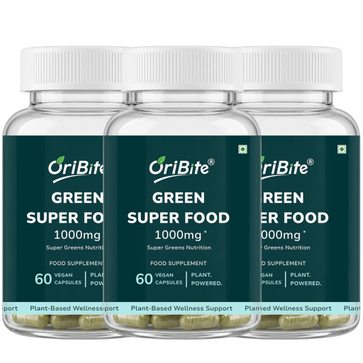 Three clear plastic bottles of OriBite Green Super Food 1000mg dietary supplements arranged in a row against a white background.