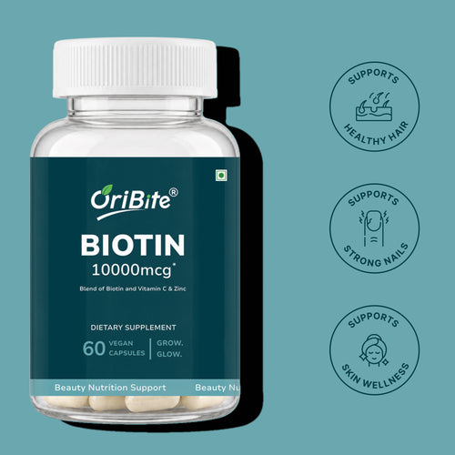 A bottle of OriBite Biotin 10000mcg dietary supplement capsules on a teal background with three circular benefit icons on the right.