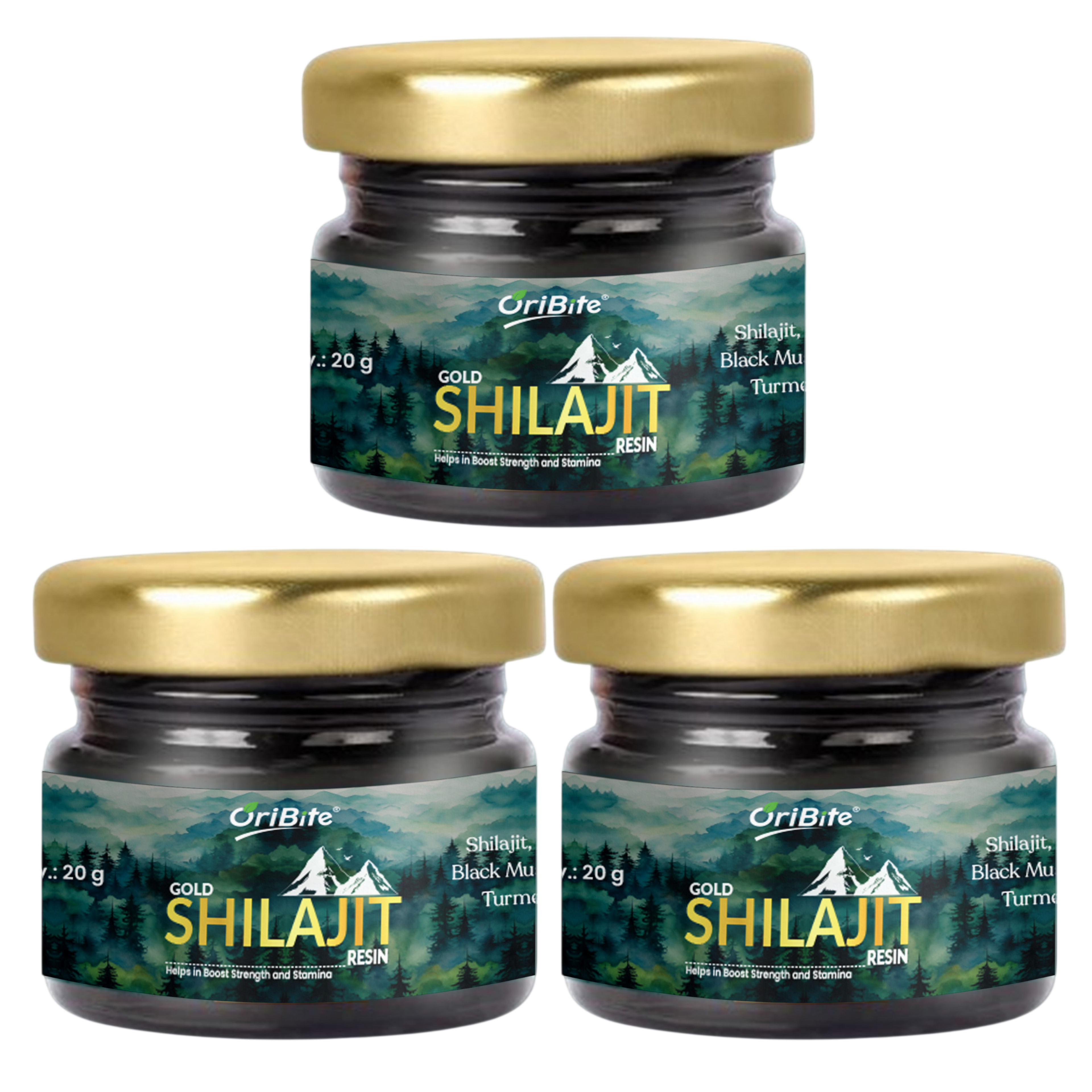 **Three Oribite Gold Shilajit Resin 20g jars arranged in a triangular layout, featuring dark glass containers with gold lids and green Himalayan forest and mountain label design.**
