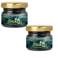Two small jars of OriBite Gold Shilajit Resin shown on a plain white background, with one jar higher and to the left and the other lower and to the right. Each jar has a metallic gold lid and a dark label featuring a forest scene and the product name.