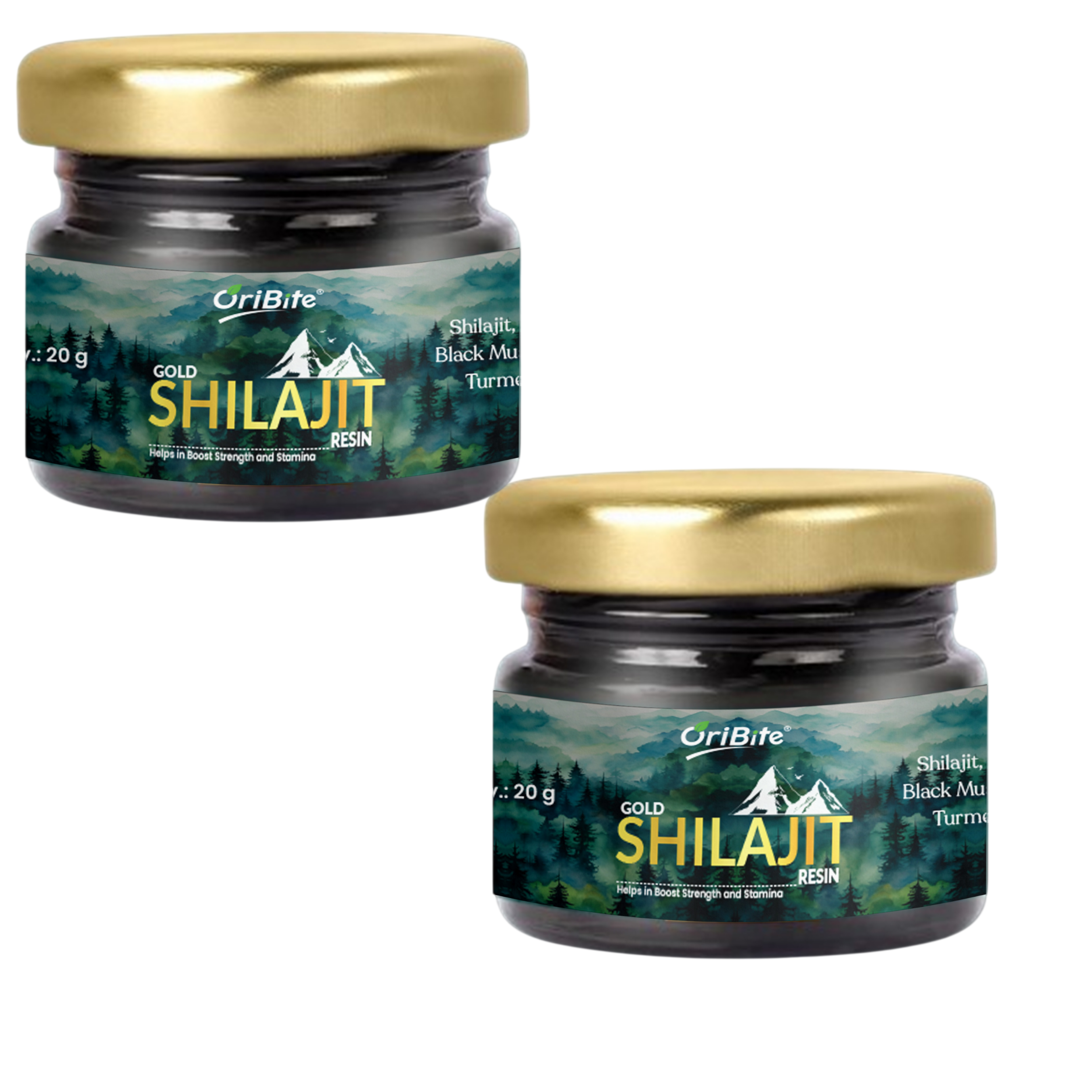 Two small jars of OriBite Gold Shilajit Resin shown on a plain white background, with one jar higher and to the left and the other lower and to the right. Each jar has a metallic gold lid and a dark label featuring a forest scene and the product name.