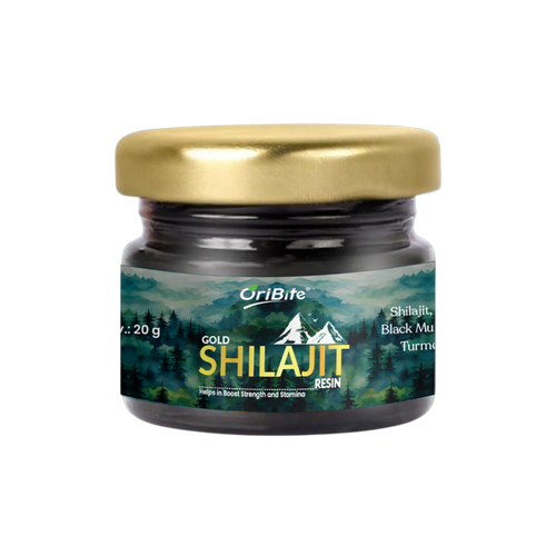 A glass jar of OriBite Gold Shilajit Resin with a metallic gold lid, set against a plain white background.