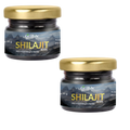 **Oribite Shilajit Resin 20g two-jar product image, showing two dark glass containers with gold lids and Himalayan mountain labels featuring the Oribite brand and “Shilajit Resin” product name.**
