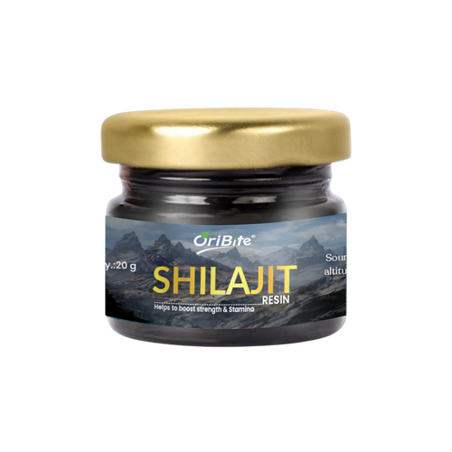 Oribite Shilajit Resin 20g in a dark glass jar with a gold lid, featuring a Himalayan mountain label and the text “Shilajit Resin,” a natural wellness product marketed to support strength and stamina.
