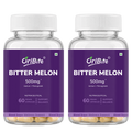 Two clear plastic supplement bottles of OriBite Bitter Melon 500mg, 60 vegan capsules each, with white caps and purple labels, shown on a white background.