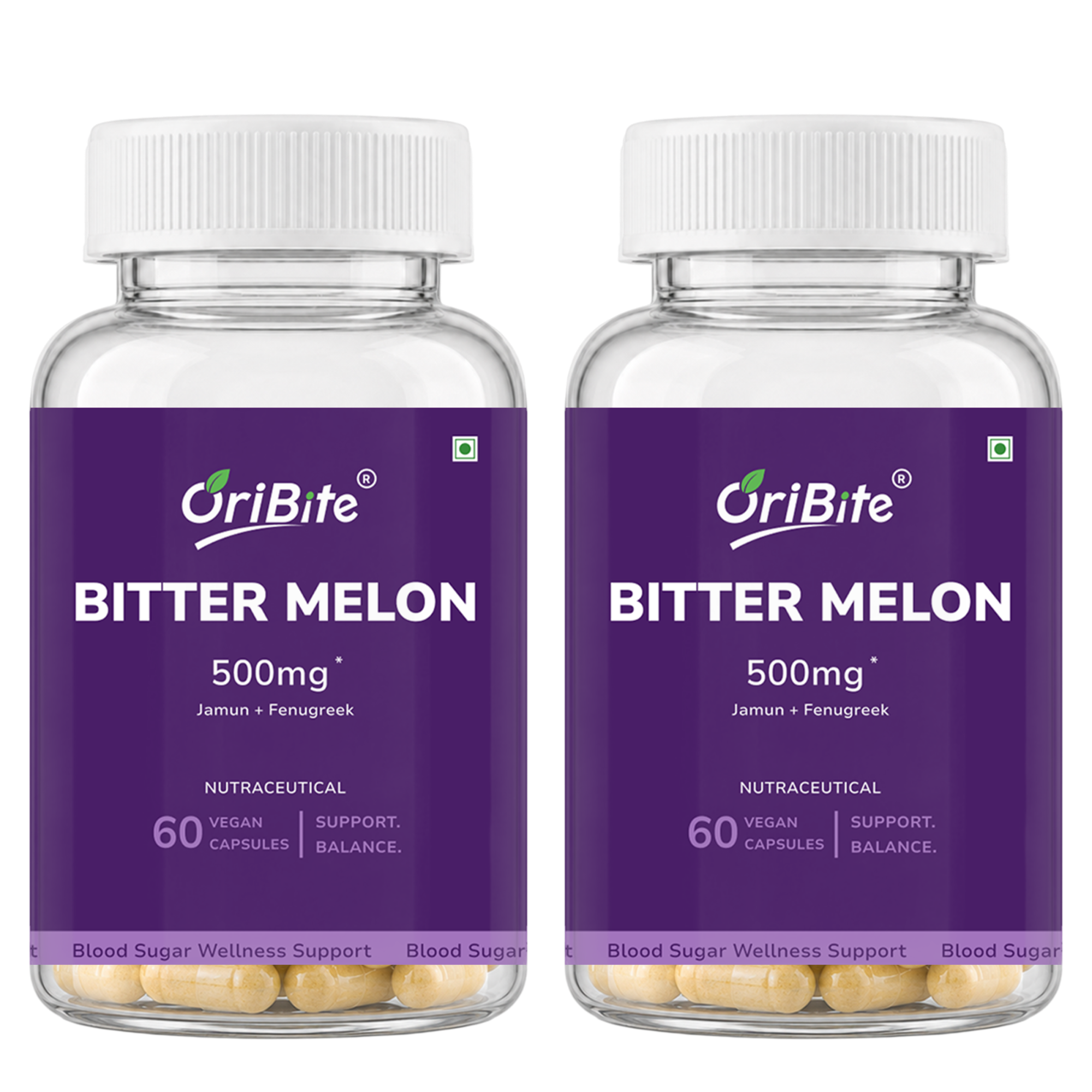 Two clear plastic supplement bottles of OriBite Bitter Melon 500mg, 60 vegan capsules each, with white caps and purple labels, shown on a white background.