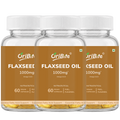 Three clear plastic bottles of OriBite Flaxseed Oil 1000mg with white ribbed caps, arranged in a row against a solid white background.