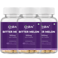 Three clear plastic supplement bottles of OriBite Bitter Melon 500mg with white caps and purple labels, arranged in a clean studio shot on a white background.