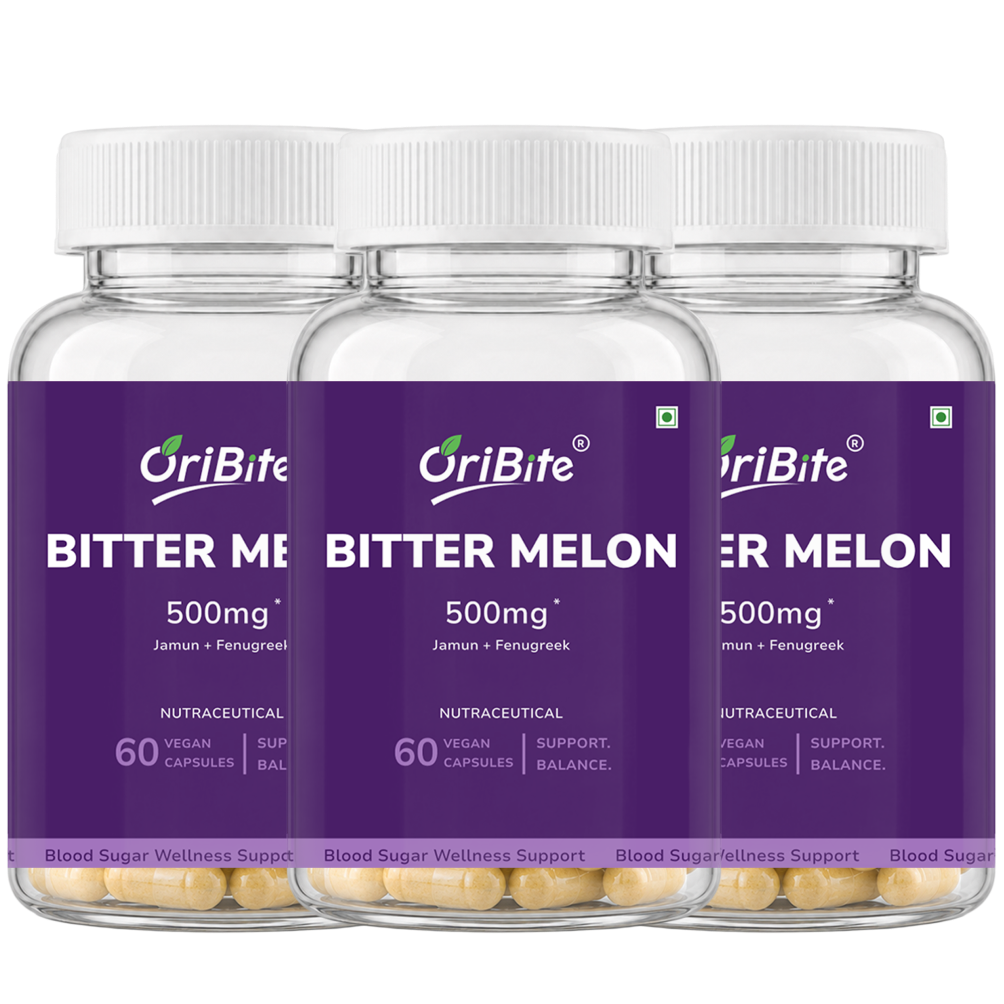 Three clear plastic supplement bottles of OriBite Bitter Melon 500mg with white caps and purple labels, arranged in a clean studio shot on a white background.